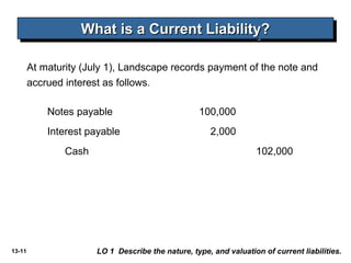 13-11
At maturity (July 1), Landscape records payment of the note and
accrued interest as follows.
What is a Current Liability?What is a Current Liability?What is a Current Liability?What is a Current Liability?
LO 1 Describe the nature, type, and valuation of current liabilities.
Notes payable 100,000
Interest payable 2,000
Cash 102,000
 