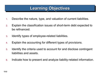 13-2
1. Describe the nature, type, and valuation of current liabilities.
2. Explain the classification issues of short-term debt expected to
be refinanced.
3. Identify types of employee-related liabilities.
4. Explain the accounting for different types of provisions.
5. Identify the criteria used to account for and disclose contingent
liabilities and assets.
6. Indicate how to present and analyze liability-related information.
Learning ObjectivesLearning ObjectivesLearning ObjectivesLearning Objectives
 