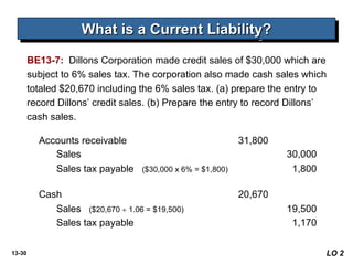 13-30
BE13-7: Dillons Corporation made credit sales of $30,000 which are
subject to 6% sales tax. The corporation also made cash sales which
totaled $20,670 including the 6% sales tax. (a) prepare the entry to
record Dillons’ credit sales. (b) Prepare the entry to record Dillons’
cash sales.
LO 2
Accounts receivable 31,800
Sales 30,000
Sales tax payable ($30,000 x 6% = $1,800) 1,800
Cash 20,670
Sales ($20,670 ÷ 1.06 = $19,500) 19,500
Sales tax payable 1,170
What is a Current Liability?What is a Current Liability?What is a Current Liability?What is a Current Liability?
 