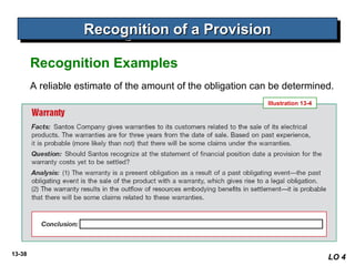 13-38
A reliable estimate of the amount of the obligation can be determined.
Recognition of a ProvisionRecognition of a ProvisionRecognition of a ProvisionRecognition of a Provision
LO 4
Recognition Examples
Illustration 13-4
 