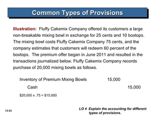 13-53
Common Types of ProvisionsCommon Types of ProvisionsCommon Types of ProvisionsCommon Types of Provisions
Illustration: Fluffy Cakemix Company offered its customers a large
non-breakable mixing bowl in exchange for 25 cents and 10 boxtops.
The mixing bowl costs Fluffy Cakemix Company 75 cents, and the
company estimates that customers will redeem 60 percent of the
boxtops. The premium offer began in June 2011 and resulted in the
transactions journalized below. Fluffy Cakemix Company records
purchase of 20,000 mixing bowls as follows.
Inventory of Premium Mixing Bowls 15,000
Cash 15,000
$20,000 x .75 = $15,000
LO 4 Explain the accounting for different
types of provisions.
 