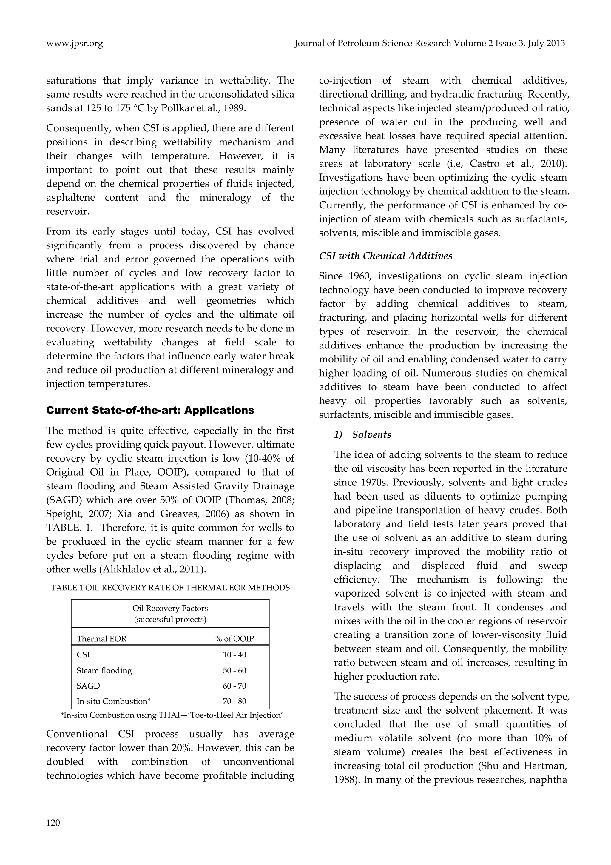 www.jpsr.org Journal of Petroleum Science Research Volume 2 Issue 3, July 2013 
saturations that imply variance in wettability. The 
same results were reached in the unconsolidated silica 
sands at 125 to 175 °C by Pollkar et al., 1989. 
Consequently, when CSI is applied, there are different 
positions in describing wettability mechanism and 
their changes with temperature. However, it is 
important to point out that these results mainly 
depend on the chemical properties of fluids injected, 
asphaltene content and the mineralogy of the 
reservoir. 
From its early stages until today, CSI has evolved 
significantly from a process discovered by chance 
where trial and error governed the operations with 
little number of cycles and low recovery factor to 
state‐of‐the‐art applications with a great variety of 
chemical additives and well geometries which 
increase the number of cycles and the ultimate oil 
recovery. However, more research needs to be done in 
evaluating wettability changes at field scale to 
determine the factors that influence early water break 
and reduce oil production at different mineralogy and 
injection temperatures. 
Current State-of-the-art: Applications 
The method is quite effective, especially in the first 
few cycles providing quick payout. However, ultimate 
recovery by cyclic steam injection is low (10‐40% of 
Original Oil in Place, OOIP), compared to that of 
steam flooding and Steam Assisted Gravity Drainage 
(SAGD) which are over 50% of OOIP (Thomas, 2008; 
Speight, 2007; Xia and Greaves, 2006) as shown in 
TABLE. 1. Therefore, it is quite common for wells to 
be produced in the cyclic steam manner for a few 
cycles before put on a steam flooding regime with 
other wells (Alikhlalov et al., 2011). 
TABLE 1 OIL RECOVERY RATE OF THERMAL EOR METHODS 
120 
Oil Recovery Factors 
(successful projects) 
Thermal EOR % of OOIP 
CSI 10 ‐ 40 
Steam flooding 50 ‐ 60 
SAGD 60 ‐ 70 
In‐situ Combustion* 70 ‐ 80 
*In‐situ Combustion using THAI—‘Toe‐to‐Heel Air Injection’ 
Conventional CSI process usually has average 
recovery factor lower than 20%. However, this can be 
doubled with combination of unconventional 
technologies which have become profitable including 
co‐injection of steam with chemical additives, 
directional drilling, and hydraulic fracturing. Recently, 
technical aspects like injected steam/produced oil ratio, 
presence of water cut in the producing well and 
excessive heat losses have required special attention. 
Many literatures have presented studies on these 
areas at laboratory scale (i.e, Castro et al., 2010). 
Investigations have been optimizing the cyclic steam 
injection technology by chemical addition to the steam. 
Currently, the performance of CSI is enhanced by co‐injection 
of steam with chemicals such as surfactants, 
solvents, miscible and immiscible gases. 
CSI with Chemical Additives 
Since 1960, investigations on cyclic steam injection 
technology have been conducted to improve recovery 
factor by adding chemical additives to steam, 
fracturing, and placing horizontal wells for different 
types of reservoir. In the reservoir, the chemical 
additives enhance the production by increasing the 
mobility of oil and enabling condensed water to carry 
higher loading of oil. Numerous studies on chemical 
additives to steam have been conducted to affect 
heavy oil properties favorably such as solvents, 
surfactants, miscible and immiscible gases. 
1) Solvents 
The idea of adding solvents to the steam to reduce 
the oil viscosity has been reported in the literature 
since 1970s. Previously, solvents and light crudes 
had been used as diluents to optimize pumping 
and pipeline transportation of heavy crudes. Both 
laboratory and field tests later years proved that 
the use of solvent as an additive to steam during 
in‐situ recovery improved the mobility ratio of 
displacing and displaced fluid and sweep 
efficiency. The mechanism is following: the 
vaporized solvent is co‐injected with steam and 
travels with the steam front. It condenses and 
mixes with the oil in the cooler regions of reservoir 
creating a transition zone of lower‐viscosity fluid 
between steam and oil. Consequently, the mobility 
ratio between steam and oil increases, resulting in 
higher production rate. 
The success of process depends on the solvent type, 
treatment size and the solvent placement. It was 
concluded that the use of small quantities of 
medium volatile solvent (no more than 10% of 
steam volume) creates the best effectiveness in 
increasing total oil production (Shu and Hartman, 
1988). In many of the previous researches, naphtha 
 