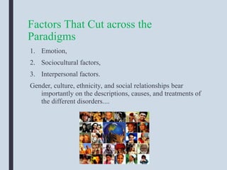 Factors That Cut across the
Paradigms
1. Emotion,
2. Sociocultural factors,
3. Interpersonal factors.
Gender, culture, ethnicity, and social relationships bear
importantly on the descriptions, causes, and treatments of
the different disorders....
 