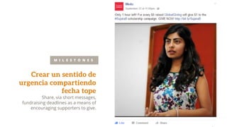 Crear un sentido de
urgencia compartiendo
fecha tope
Share, via short messages,
fundraising deadlines as a means of
encouraging supporters to give.
M I L E S T O N E S
 