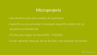 Microprojects
• Herramienta solo para Leaders & Superstars
• Específico a una actividad o resultado específico dentro de un
proyecto ya establecido
• 90 días para lograr la meta ($250 - $10,000)
• Enviar reportes después de los 90 días o de recaudar los fondos
 