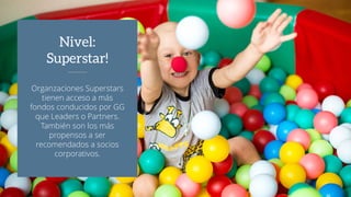 Organzaciones Superstars
tienen acceso a más
fondos conducidos por GG
que Leaders o Partners.
También son los más
propensos a ser
recomendados a socios
corporativos.
Nivel:
Superstar!
 