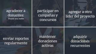agradecer a
donantes:
Thank you notes
participar en
campañas y
concursos
agregar a otro
líder del proyecto
enviar reportes
regularmente
mantener
donaciones
activas
adquirir
donaciones
recurrentes
 