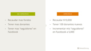 NO- ESPECIFICO
• Recaudar $10,000
• Tener 100 donantes nuevos
• Incrementar mis “seguidores”
en Facebook a 5,000
ESPECIFICO
• Recaudar mas fondos
• Tener mas donantes
• Tener mas “seguidores” en
Facebook
 