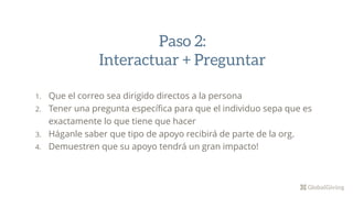 1. Que el correo sea dirigido directos a la persona
2. Tener una pregunta específica para que el individuo sepa que es
exactamente lo que tiene que hacer
3. Háganle saber que tipo de apoyo recibirá de parte de la org.
4. Demuestren que su apoyo tendrá un gran impacto!
Paso 2:
Interactuar + Preguntar
 