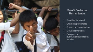 Paso 3: Darles las
Herramientas
• Plantillas de e-mail
• Check ins personales
• Puntos de conversacion
• Metas individuales
• Ejemplos de
publicaciones en redes
sociales
 