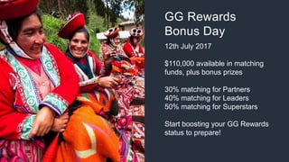 GG Rewards
Bonus Day
12th July 2017
$110,000 available in matching
funds, plus bonus prizes
30% matching for Partners
40% matching for Leaders
50% matching for Superstars
Start boosting your GG Rewards
status to prepare!
 