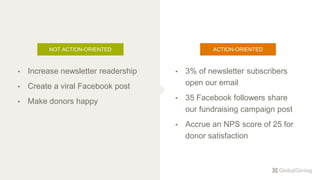 NOT ACTION-ORIENTED
• 3% of newsletter subscribers
open our email
• 35 Facebook followers share
our fundraising campaign post
• Accrue an NPS score of 25 for
donor satisfaction
ACTION-ORIENTED
• Increase newsletter readership
• Create a viral Facebook post
• Make donors happy
 
