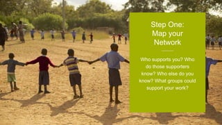 Who supports you? Who
do those supporters
know? Who else do you
know? What groups could
support your work?
Step One:
Map your
Network
 