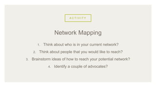 A C T I V I T Y
1. Think about who is in your current network?
2. Think about people that you would like to reach?
3. Brainstorm ideas of how to reach your potential network?
4. Identify a couple of advocates?
Network Mapping
 