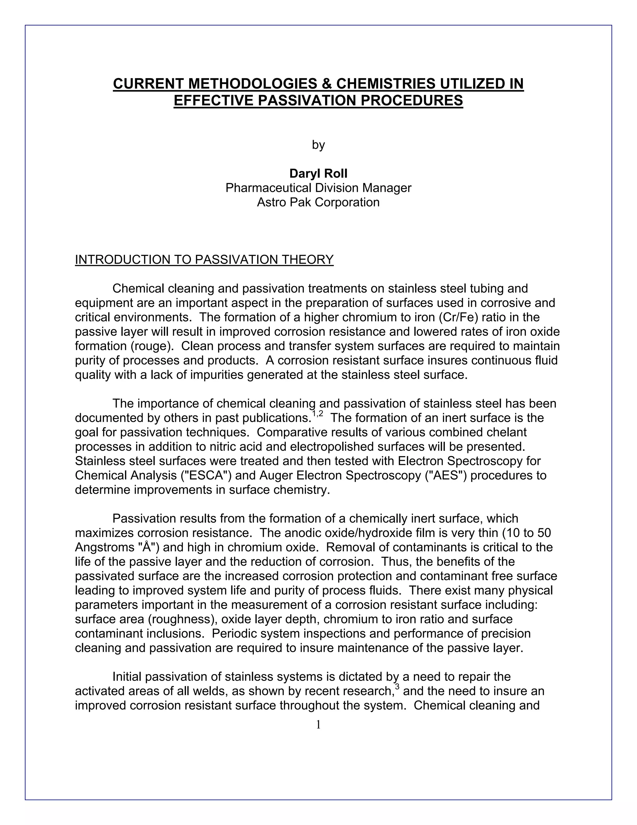 Current Passivation Methodologies By Daryl Roll Of Astro Pak | PDF