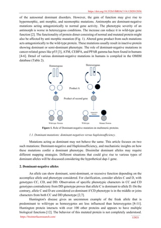 https://doi.org/10.33263/BRIAC114.1202012036
https://biointerfaceresearch.com/ 12021
of the autosomal dominant disorders. However, the gain of function may give rise to
hypermorphic, anti morphic, and neomorphic mutations. Antimorphs are dominant-negative
mutations acting antagonistically to normal gene activity. The phenotypic severity of an
antimorph is worse in heterozygous conditions. The increase can reduce it in wild-type gene
function [2]. The functionality of protein dimer consisting of normal and mutated protein might
also be affected by anti morphic mutation (Fig. 1). Altered gene product from such mutations
acts antagonistically to the wild-type protein. These mutations usually result in inactive protein
showing dominant or semi-dominant phenotype. The role of dominant-negative mutations in
cancer-related genes like p53 [3], ATM, CEBPA, and PPAR gamma has been found in humans
[4-6]. Detail of various dominant-negative mutations in humans is compiled in the OMIM
database (Table 2).
Figure 1. Role of Dominant-negative mutation on multimeric proteins.
1.1. Dominant mutations: dominant-negatives versus haploinsufficiency.
Mutations acting as dominant may not behave the same. This article focuses on two
such mutations: Dominant-negative and Haploinsufficiency, and mechanistic insights on how
these mutations confer a dominant phenotype. Dissimilar dominant alleles may require
different mapping strategies. Different situations that could give rise to various types of
dominant alleles will be discussed considering the hypothetical dap-1 gene.
2. Dominant-negative alleles
An allele can show dominant, semi-dominant, or recessive function depending on the
accomplice allele and phenotype considered. For clarification, consider alleles C and D, with
genotypes CC, CD, and DD. Observation of specific phenotypic characters in CC and CD
genotypes contradictory from DD genotype proves that allele C is dominant to allele D. On the
contrary, allele C and D are considered co-dominant if CD phenotype is in the middle or joins
characters from both CC and DD phenotype [2,7].
Huntington's disease gives an uncommon example of the freak allele that is
predominant to wild-type as homozygotes are less influenced than heterozygotes [8-11].
Huntington protein interacts with over 100 other proteins and appears to have multiple
biological functions [12]. The behavior of this mutated protein is not completely understood.
 