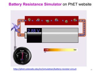 Battery Resistance Simulator on PhET website




  http://phet.colorado.edu/en/simulation/battery-resistor-circuit   18
 