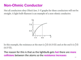 Non-Ohmic Conductor




The reason for this is that as the lightbulb gets hot there are more
collisions between the atoms so the resistance increases
                                                                  23
 