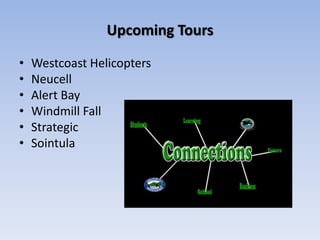 Upcoming Tours
•
•
•
•
•
•

Westcoast Helicopters
Neucell
Alert Bay
Windmill Fall
Strategic
Sointula

 