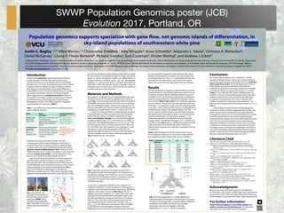 SWWP Population Genomics poster (JCB) 

Evolution 2017, Portland, OR
NP
= 13,764,973
NC
= 2,596,228
MA
MPF
MFP
M4
T1
= 11.36
T2
= 2.29
Time(Ma)
P. strobiformis
core periphery
P. flexilis
NF
= 764,816
NAF
= 1,890,795
MA
= 6.91
migration rates:
MFP
= 4.35
MPF
= 8.81
θ= Neref
=
2,596,228
Model Ln composite
likelihood
k AIC ΔAICi
M1 −883.143112 6 1778.29 65.44
M2 −886.227416 7 1786.45 73.60
M3 −888.003307 7 1790.01 77.16
M4 −847.424540 9 1712.85 0.00
M5 −885.428135 9 1788.86 76.01
M6 −883.949484 10 1787.90 75.05
M7 −892.210862 9 1806.42 93.57
M8 −869.824520 14 1757.65 44.80
M9 −884.511096 11 1791.02 78.17
M10 −902.279445 9 1828.56 115.71
M11 −922.814525 11 1873.63 160.78
Model Model
description
Predicted pattern of
gene flow
Tension zone
(Barton and
Hewitt 1985)
Reduction in hybrid fitness due
to lack of genomic
cohesiveness and absence of a
different niche available for
hybrids
Secondary contact
between divergent
parental lineages (no
ancient migration)
Bounded hybrid
superiority
(Moore 1977;
Gross and
Rieseberg 2005)
Restricted gene flow between
diverging lineages due to a)
positive epistasis, or b) because
these loci facilitate adaptation
to novel environmental
conditions
Little to no
contemporary gene flow
between lineages (with
or without ancient
migration)
M10
M11
M9
NF
NP
NC NF
NP
NC
NF
NP
NC
MAh
MA
MFPh
MFP
MCP
MPC
MFPh
MFP
MCP
MPC
MAh
MA
M5
M6
M1
M2
M4
T1
T1
T2
T2
TimeTime
P. strobiformis
core periphery P. flexilis
M3
M7
M8
T1
T2
Time
NF
NP
NC
NF
NP
NC
NF
NP
NC
NF
NP
NC
NF
NP
NC
NF
NP
NC
NF
NP
NC
NF
NP
NC
MPF
MFP
MA
MA
MPF
MFP
MA
MPF
MFP
MCP
MPC
MPF
MFP
MCP
MPC
MCP
MPC MAh
MA
NAF NAF
NAF
NAF
NAF
NAF
NAF
NAF
NAF
NAF
NAF
MCP
MPC
MA
Acknowledgments
Research was supported by NSF grants EF-1442486 (AJE),
EF-1442456 (H. Lintz), and EF-1442597 (KW), and computational
resources from VCU’s Center for High Performance Computing
and the Brigham Young University Fulton Supercomputing Lab.
Introduction
Understanding speciation, including processes leading to
lineage divergence and the origin and maintenance of
reproductive barriers, is a fundamental goal of evolutionary
biology (Losos et al. 2013). As populations move across a fitness
landscape, they form different ecotypes resulting in shifts in
allele frequency correlated with environmental differences.
Given sufficient time or strong diversifying selection, ecotypes
can develop reproductive isolation, forming ecologically
differentiated species via ecological speciation (Schluter &
Conte 2009). Two models explain the maintenance of species
boundaries during ecological speciation predict varying
demographic scenarios, with different genomic signatures,
especially patterns of gene flow (Table 1).
Materials and Methods
We sampled P. strobiformis across its geographical range, and
P. flexilis mainly from the southern periphery and center of its
range (Fig. 1). We extracted whole genomic DNA then prepared
five ddRAD-seq libraries (Peterson et al. 2012) each containing
up to 96 multiplexed samples. Libraries were sequenced on an
Illumina HiSeq 2500, and read processing, and SNP filtering and
genotyping, were performed in DDOCENT (Puritz et al. 2014).
To infer the timing and influence of demographic processes
shaping divergence of the focal species plus two intraspecific
genetic lineages within P. strobiformis (geographical range
‘core’ and ‘periphery’ lineages), we conducted demographic
modeling analyses using ∂A∂I v1.7 (Gutenkunst et al. 2009). To
avoid issues with linkage disequilibrium, we ran ∂A∂I on 1 SNP
per RAD tag drawn from a reduced subset of 10,053 SNPs (out
of 51,633 SNPs total). We compared a ‘pure divergence’ model
(M1) against 10 alternative demographic models (M2–M11)
representing different speciation scenarios with varying timing
and directionality of ancient versus contemporary gene flow
(Fig. 2). Models M8–M11 were similar
Conclusions
Our results support a pattern of P. strobiformis–P. flexilis
speciation with gene flow, as well as low–moderate ongoing
gene flow broadly consistent with predictions of the bounded
hybrid superiority model. Incorporating genomic islands of
differentiation through parameterizing heterogeneous
migration also produced much worse models with essentially
no weight of evidence compared with the best ∂A∂I model
(Table 2). Thus, while genomic islands of differentiation are
possible in a tension zone experiencing gene flow, they seem
unlikely to have formed in this system through differential
divergence or introgression of loci. This is consistent with
numbers of migrants per generation (Mij) estimated in ∂A∂I,
which are not strongly asymmetric between lineages at T1 or T2
(Fig. 3).
These findings are also consistent with biogeography
studies of the desert southwest suggesting that montane ‘sky-
island’ forest ecosystems expanded along lower elevations
during glacial periods such as the Last Glacial Maximum (LGM),
providing opportunities for gene flow between presently
isolated montane lineages (e.g. Knowles 2000; Mastretta-Yanes
et al. 2015, refs. therein). Boreal forest trees of the Mexican
Highlands including our focal taxa may have been more likely
to experience continuous gene flow, rather than post-glacial
secondary contact, as lineages were repeatedly connected as
cold and humid habitats expanded during Pleistocene glacial
periods, as indicated by climate models and phylogeographic
data (e.g. reviewed in Mastretta-Yanes et al. 2015).
Population genomics supports speciation with gene flow, not genomic islands of differentiation, in
sky-island populations of southwestern white pine
Justin C. Bagley,1,2,* Mitra Menon,1,3 Christopher Friedline,1 Amy Whipple4, Anna Schoettle5, Alejandro L. Sáenz6, Christian A. Wehenkel6,
Daniel McGarvey7, Lluvia H. Flores-Renteria8, Richard Sneizko5, Sam Cushman5, Kristen Waring9, and Andrew J. Eckert1
Literature Cited
Barton, N. H., and G. M. Hewitt. 1985. Annu. Rev. Ecol. Syst. 16:113–148.
Benkman, C. W., R. P. Balda, and C. C. Smith. 1984. Ecology 65:632–642.
Burnham, K. P., and D. R. Anderson. 2002. Model Selection and Multimodal
Inference: A Practical Information Theoretic Approach, 2nd Edn. Springer-
Verlag, New York.
Christe, C., K. N. Stölting, M. Paris, C. Fraїsse, N. Bierne, and C. Lexer. 2017. Mol. Ecol.
26:59–76.
De La Torre, A. R., T. Wang, B. Jaquish, and S. N. Aitken. 2014. New Phytol. 201:687–
699.
Gross, B. L., and L. H. Rieseberg. 2005. J. Hered. 96:241–252.
Gutenkunst, R. N., R. D. Hernandez, S. H. Williamson, and C. D. Bustamante. 2009.
PLoS Genetics 5:e1000695.
Knowles, L. L. 2000. Evolution 54:1337–1348.
Lackey, A. C. R., and J. W. Boughman. 2017. Evolution 71: 357–372.
Lindtke, D., and C. A. Buerkle. 2015. Evolution 69:1987–2004.
Losos, J. B., S. J. Arnold, G. Bejerano, E. D. Brodie, D. Hibbett, H. E. Hoekstra, et al.
2013. PLoS Biol. 11.
Mastretta-Yanes, A., A. Moreno-Letelier, D. Piñero, T. H. Jorgensen, and B. C.
Emerson. 2015. J. Biogeogr. 42:1586-1600.
Moore, W. S. 1977. Q. Rev. Biol. 52:263–277.
Moreno-Letelier, A., and T. G. Barraclough. 2015. Evol. Ecol. 29:733–748.
Moreno-Letelier, A., A. Ortíz-Medrano, and D. Piñero. 2013. PLoS One 8:e78228.
Puritz, J. B., C. M. Hollenbeck, and J. R. Gold. 2014. PeerJ 2:e431.
Schluter, D., and G. L. Conte. 2009. Proc. Natl. Acad. Sci. 106:9955–9962.
Tine, M., H. Kuhl, P.-A. Gagnaire, B. Louro, E. Desmarais, R. S. T. Martins, et al. 2014.
Nature Comm. 5:5770.
Fig. 2. Schematics and parameter details for each of the 11
demographic models of the divergence of P. strobiformis core
and periphery lineages and P. flexilis run in our ∂A∂I analysis.
Parameters include divergence times (Ti), population sizes (Ni),
homogeneous migration rates (Mij) and heterogeneous
migration rates (Mijh).
Results
The best-supported demographic model identified during AIC
model selection (i.e. with highest information content) was M4,
a model of symmetric ancient migration between ancestral P.
strobiformis and P. flexilis lineages, followed by contemporary
gene flow only between the P. strobiformis periphery lineage
and P. flexilis (Table 2; Figs 2 and 3). This model was supported
by a very distinct minimum AIC score that was better than that
of all other ∂A∂I models by a margin of at least 44.8 information
units (ΔAICi = 44.8), indicating other models, including all island
of differentiation models, were unlikely. Models with ΔAICi > 10
have no support and fail to explain any substantial variation in
the data (Burnham and Anderson 2002). Converted parameter
estimates indicated that the two species diverged ~11.36
million years ago (Ma) in the Miocene, but that intraspecific
lineages within P. strobiformis diverged at T2 at ~2.29 Ma in the
early Pleistocene (Fig. 3). Also, P. strobiformis periphery had the
largest population size estimate (NP), while P. flexilis was
inferred to have experienced a reduction in population size (NF)
through time.
Fig. 3. The best-supported ∂A∂I model plotted with
optimized values of divergence time estimates (Ti) in units
of millions of years ago (Ma), converted reference effective
population size (θ; after conversion, Neref), lineage
population sizes (Ni), and migration rates (Mij).
Abbreviations: C, core; F, P. flexilis; P, periphery.
For further information
Please contact jcbagley vcu.edu, follow JBagz1 on
Twitter, and visit www.justinbagley.org. The QR code at
right links to an online, PDF version of this poster.
1 Department of Biology, Virginia Commonwealth University, Richmond, VA 23284, 2 Departamento de Zoologia, Universidade de Brasília, 70910-900 Brasília, DF, Brazil, 3 Integrative Life Sciences, Virginia Commonwealth University, Richmond,
VA 23284, 4 Department of Biological Sciences, Northern Arizona University, Flagstaff, AZ 36011, 5 USDA Forest Service, 6 Instituto de Silvicultura e Industria de la Madera, Universidad Juárez del Estado de Durango, 34120 Durango, México,
7 Center for Environmental Studies, Virginia Commonwealth University, Richmond, VA 23284, 8 Department of Biology, San Diego State University, San Diego, CA 92182, 9 School of Forestry, Northern Arizona University, Flagstaff, AZ 36011.
*E-mail correspondence: jcbagley vcu.edu.
Fig. 1. Growth form and
geographical distributions of
the focal taxa. Southwestern
white pine (SWWP), Pinus
strobiformis (a); limber pine
(LP), P. flexilis (b). Panel c shows
species ranges and sampling
sites.
(a) (b)
(c)
to the others, except they modeled ancient migration or P.
strobiformis periphery–P. flexilis migration as ‘heterogeneous
migration’, with neutrally evolving loci experiencing differential
migration rates relative to those in GIDs (Fig. 2). We ran 10
replicate runs of each model in ∂A∂I, using a 200 × 220 × 240
grid space and the nonlinear BFGS optimization routine. We
specified heterogeneous migration parameters using Python
code from Tine et al. (2014). We conducted model selection
using Akaike information criterion (AIC) and ΔAICi (AICmodel i −
AICbest model) scores (Burnham and Anderson 2002) calculated
using results from the best replicate (highest composite
likelihood) for each model. We converted parameter estimates
from the single best-supported model (minimum AIC) using
equations in Gutenkunst et al. (2009), a per-site mutation rate
(μ) calculated from the 7.28 × 10−10 substitutions/site/year rate
estimated for Pinaceae by De La Torre et al. (2014) using 42
single-copy nuclear loci, and a generation time (g) of 50 years.
Universidade de
Brasília
Table 2. Model likelihoods and AIC model selection results
for the single best replicate ∂A∂I run of each model, with the
best-supported model (minimum AIC) shown in boldface.
If selection is strong and remains constant, then loci
contributing to initial ecological divergence may become
associated with mate recognition and form coadapted gene
complexes with reduced recombination, thereby generating
‘genomic islands of differentiation’ (GID; Christe et al. 2017;
Lindtke & Buerkle 2015). However, this pattern is only expected
under the tension zone model, or where adaptation occurs
from de novo mutations (Lackey & Boughman 2017).
Here, we test the above predictions on the prevalence of
gene flow during species formation in two species of North
American pine trees, Pinus strobiformis and P. flexilis, that are
broadly distributed across the desert southwest, with a narrow
range of sympatry in the southern Rocky Mountains (Fig. 1).
These taxa exhibit few morphological or reproductive
differences (e.g. Benkman et al. 1984) and are probably locally
adapted to varying climate across their ranges. Moreno-Letelier
Table 1. Two models for the maintenance of species boundaries
during ecological speciation.
et al. (2013) and Moreno-Letelier & Barraclough (2015) provided
the first evidence of ecological divergence in these two species
based on species distribution models and differentiation at
climate-associated candidate genes. We use demographic
modeling on genome-wide single nucleotide polymorphism
(SNP) data to infer demographic changes, migration rates, and
divergence times of these taxa, and to test the two models of
ecological speciation discussed above.
@ @
@
 