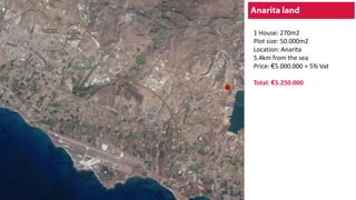 1 House: 270m2
Plot size: 50.000m2
Location: Anarita
5.4km from the sea
Price: €5.000.000 + 5% Vat
Total: €5.250.000
 