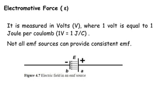 Electromotive Force ( ε)
It is measured in Volts (V), where 1 volt is equal to 1
Joule per coulomb (1V = 1 J/C) .
Not all emf sources can provide consistent emf.
 
