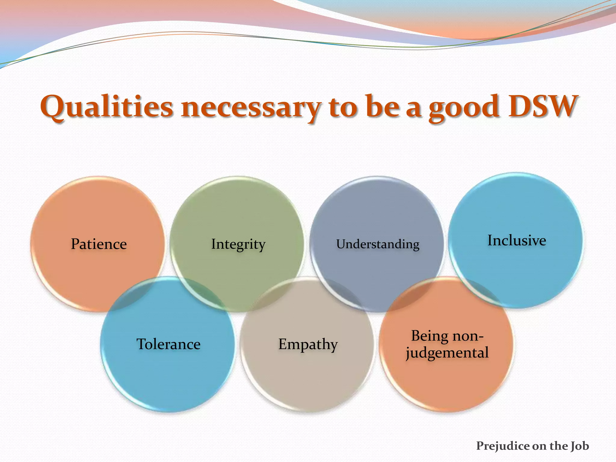 Qualities necessary to be a good DSW



  Patience               Integrity         Understanding       Inclusive




                                                      Being non-
             Tolerance               Empathy
                                                     judgemental




                                                              Prejudice on the Job
 