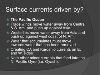 Surface currents driven by?
 The Pacific Ocean
 Trade winds move water away from Central
& S. Am. and push up against Asia
 Westerlies move water away from Asia and
push up against west coast of N. Am.
 Water that accumulates must move
towards water that has been removed
 Creating CA and Kuroshio currents on E.
and W. sides
 Note other minor currents that feed into the
N. Pacific Gyre (i.e. Oyashio
 