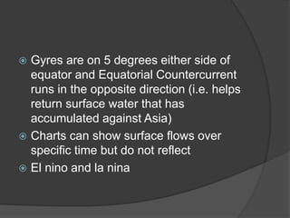  Gyres are on 5 degrees either side of
equator and Equatorial Countercurrent
runs in the opposite direction (i.e. helps
return surface water that has
accumulated against Asia)
 Charts can show surface flows over
specific time but do not reflect
 El nino and la nina
 