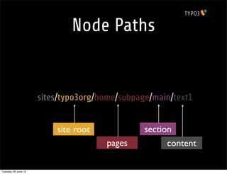 Node Paths


                     /sites/typo3org/home/subpage/main/text1


                          site root             section
                                      pages          content

Tuesday 26 June 12
 