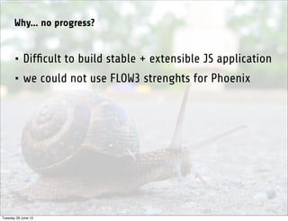 http://www.sxc.hu/photo/1281342




           Why... no progress?


           • Difﬁcult to build stable + extensible JS application
           • we could not use FLOW3 strenghts for Phoenix




Tuesday 26 June 12
 