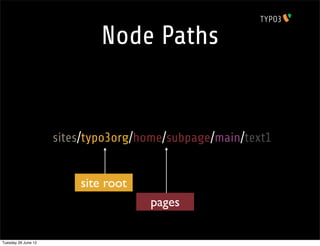 Node Paths


                     /sites/typo3org/home/subpage/main/text1


                          site root
                                      pages

Tuesday 26 June 12
 
