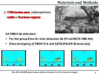 Materials and Methods
 1735 bovine sera collected from
cattle in fourteen regions
Kit FMDV Ab detection
 For the group E...