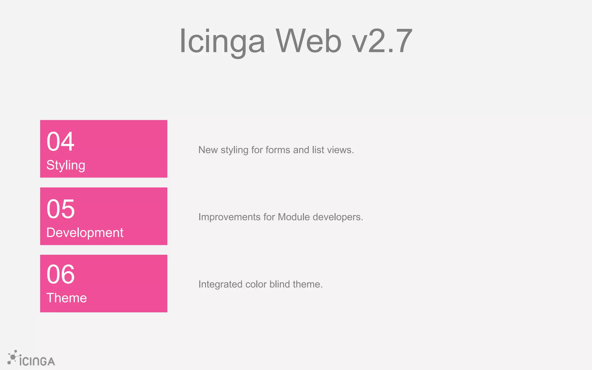 04
Styling
06
Theme
05
Development
Icinga Web v2.7
New styling for forms and list views.
Improvements for Module developers.
Integrated color blind theme.
 
