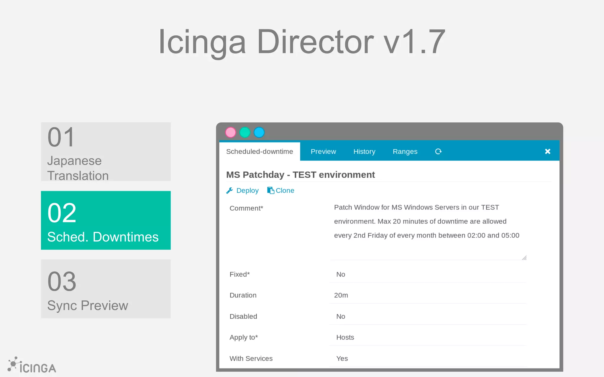 01
Japanese
Translation
02
Sched. Downtimes
Icinga Director v1.7
03
Sync Preview
 
