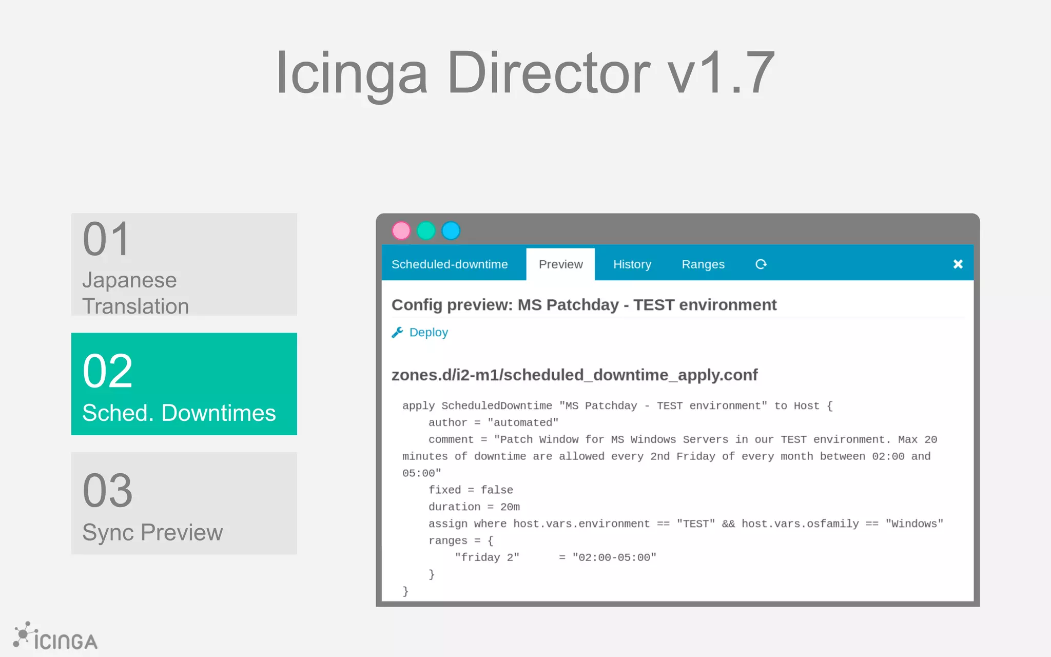 01
Japanese
Translation
02
Sched. Downtimes
Icinga Director v1.7
03
Sync Preview
 