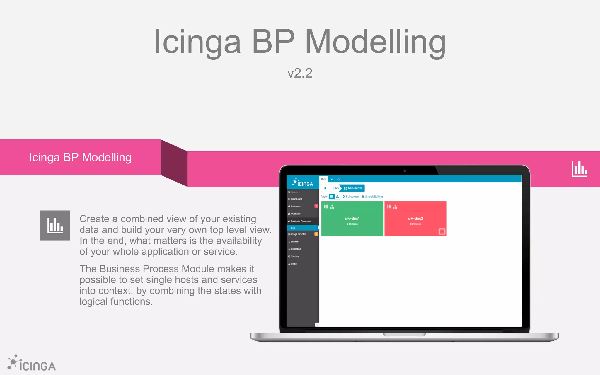 Icinga BP Modelling
v2.2
Create a combined view of your existing
data and build your very own top level view.
In the end, what matters is the availability
of your whole application or service.
The Business Process Module makes it
possible to set single hosts and services
into context, by combining the states with
logical functions.
Icinga BP Modelling
 