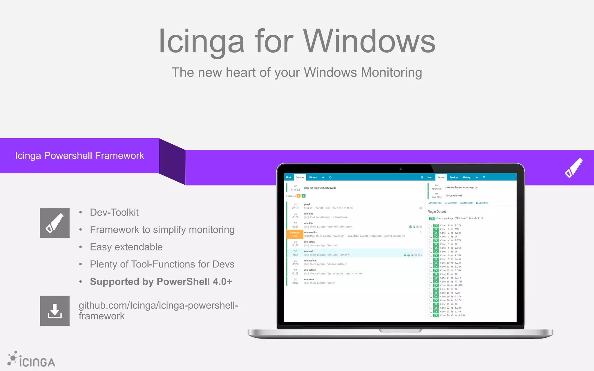 Icinga for Windows
The new heart of your Windows Monitoring
github.com/Icinga/icinga-powershell-
framework
• Dev-Toolkit
• Framework to simplify monitoring
• Easy extendable
• Plenty of Tool-Functions for Devs
• Supported by PowerShell 4.0+
Icinga Powershell Framework
 