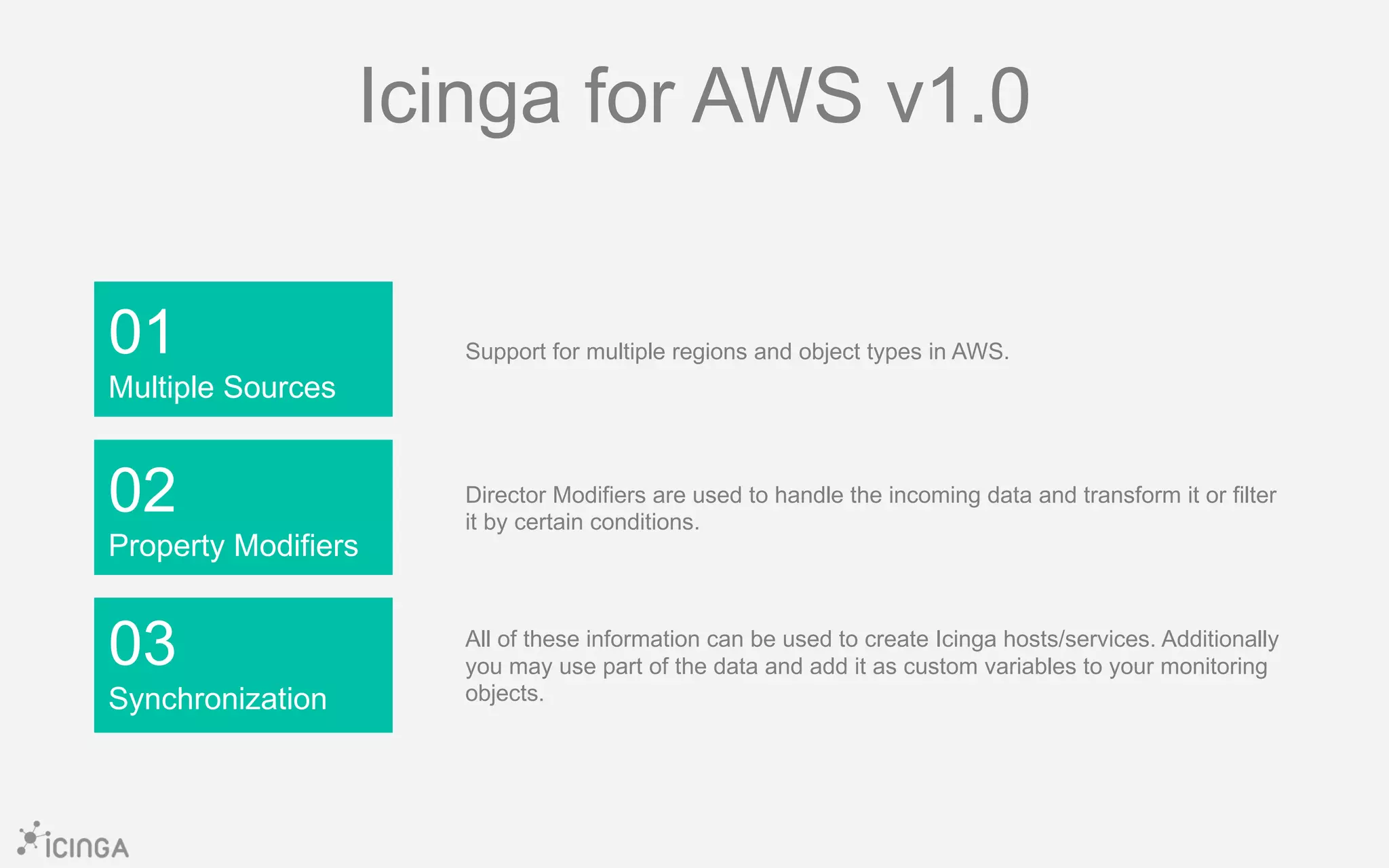 01
Multiple Sources
03
Synchronization
02
Property Modifiers
Icinga for AWS v1.0
Support for multiple regions and object types in AWS.
Director Modifiers are used to handle the incoming data and transform it or filter
it by certain conditions.
All of these information can be used to create Icinga hosts/services. Additionally
you may use part of the data and add it as custom variables to your monitoring
objects.
 