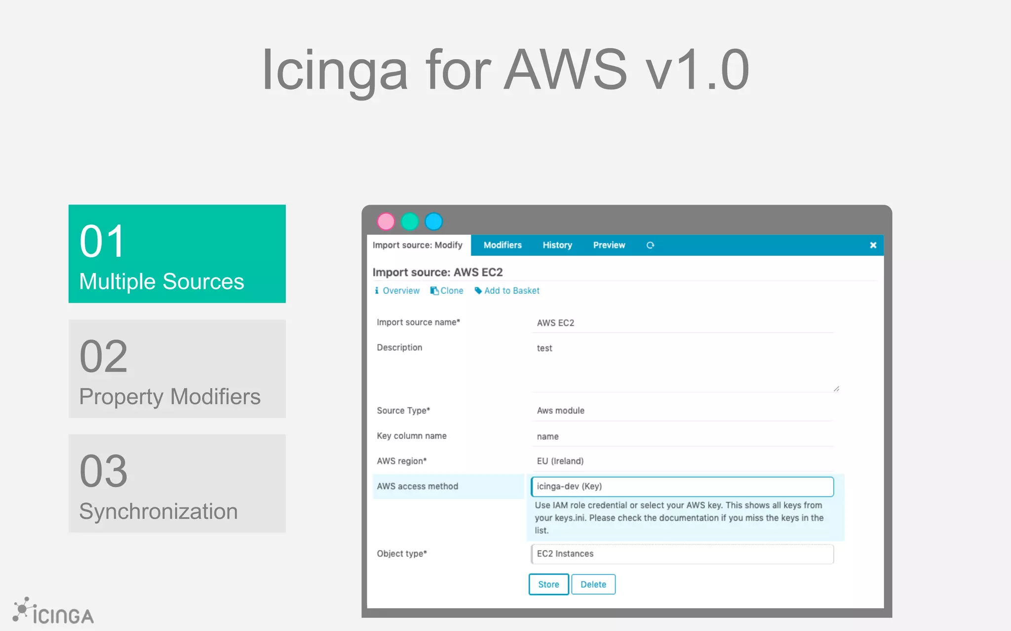 01
Multiple Sources
03
Synchronization
02
Property Modifiers
Icinga for AWS v1.0
 