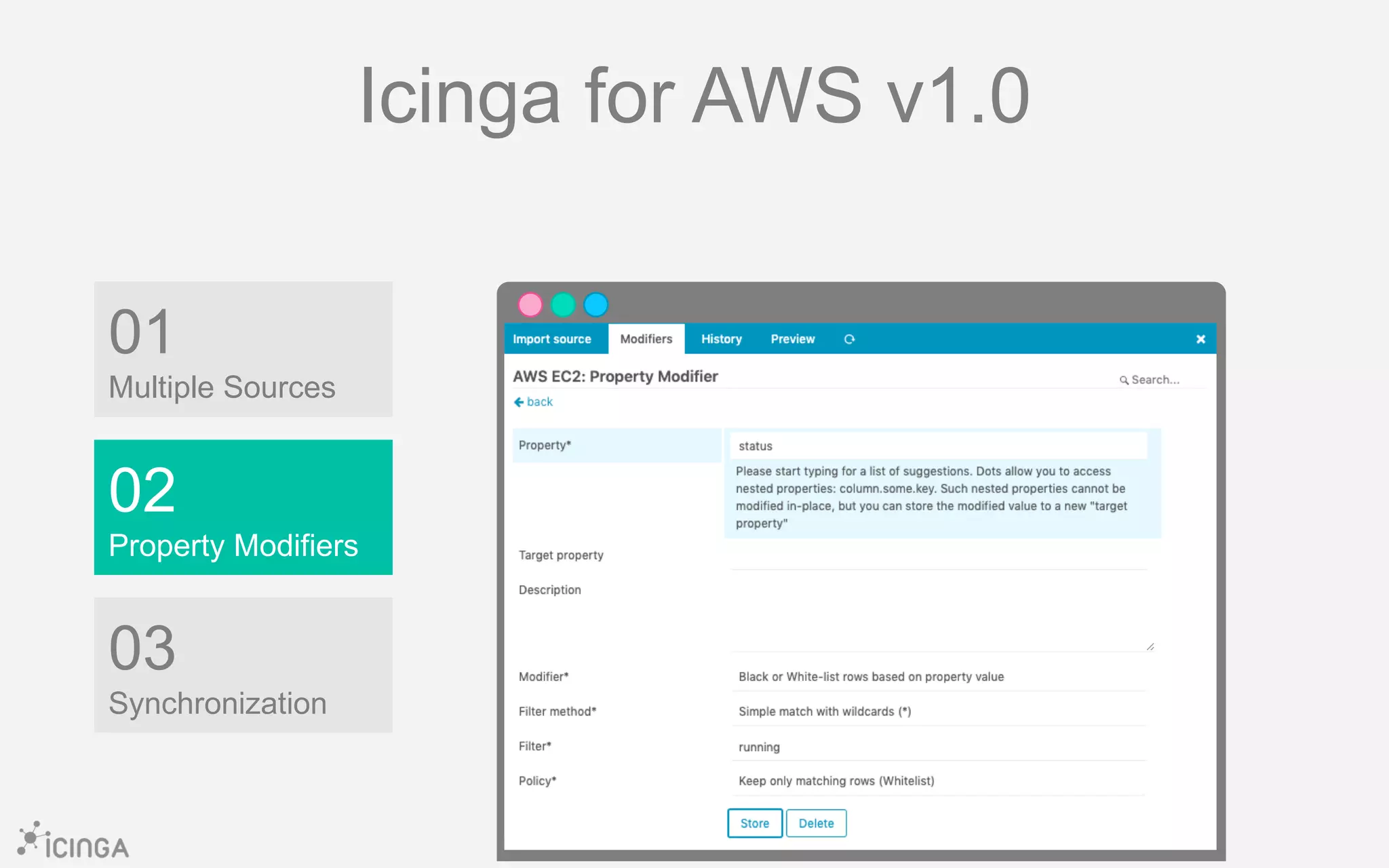 01
Multiple Sources
02
Property Modifiers
Icinga for AWS v1.0
03
Synchronization
 