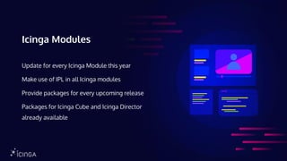 Icinga Modules
Update for every Icinga Module this year
Make use of IPL in all Icinga modules
Provide packages for every upcoming release
Packages for Icinga Cube and Icinga Director
already available
 