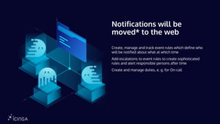 Notifications will be
moved* to the web
Create, manage and track event rules which define who
will be notified about what at which time
Add escalations to event rules to create sophisticated
rules and alert responsible persons after time
Create and manage duties, e. g. for On-call
 
