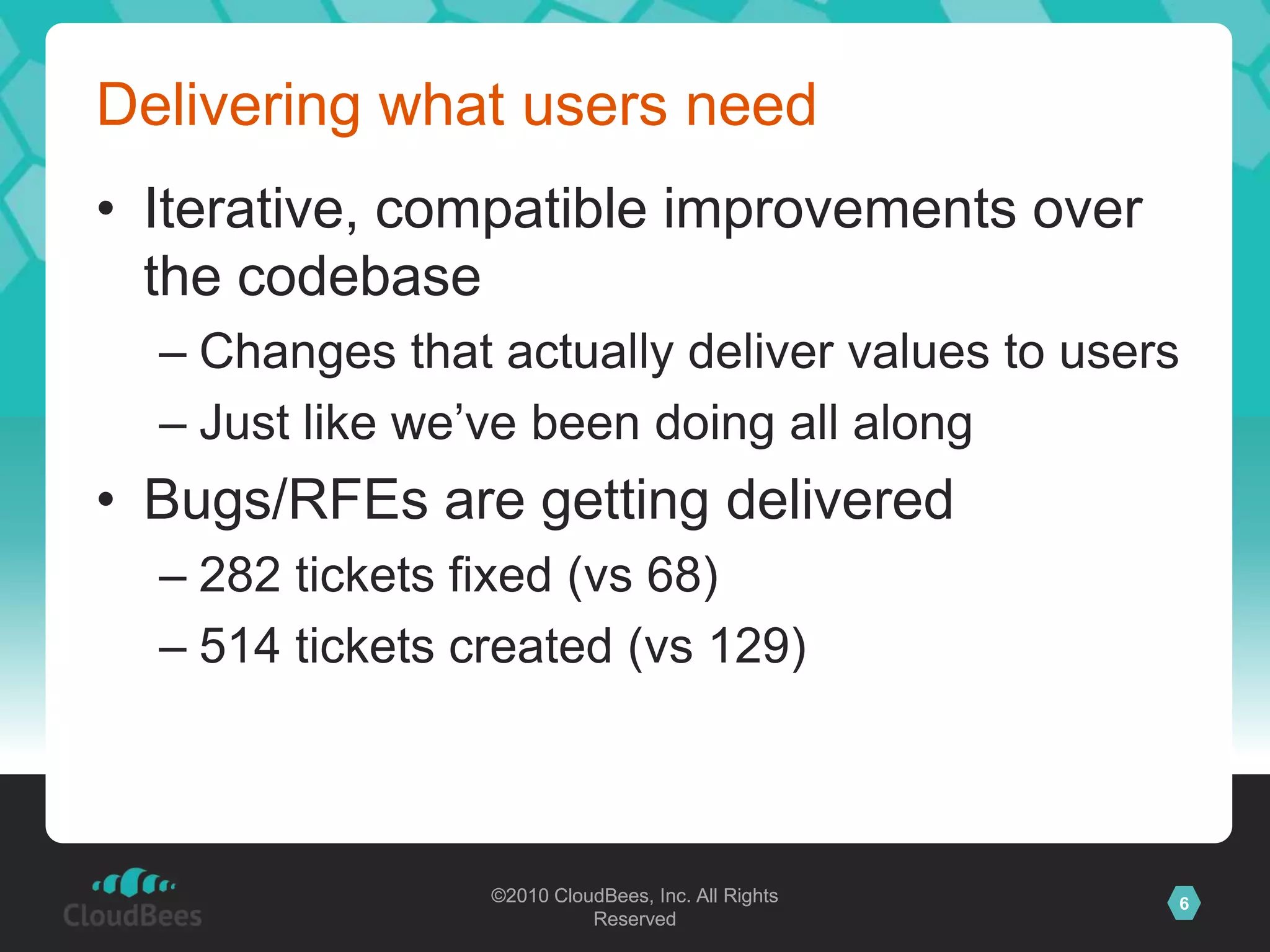 Delivering what users needIterative, compatible improvements over the codebaseChanges that actually deliver values to usersJust like we’ve been doing all alongBugs/RFEs are getting delivered282 tickets fixed (vs 68)514 tickets created (vs 129)