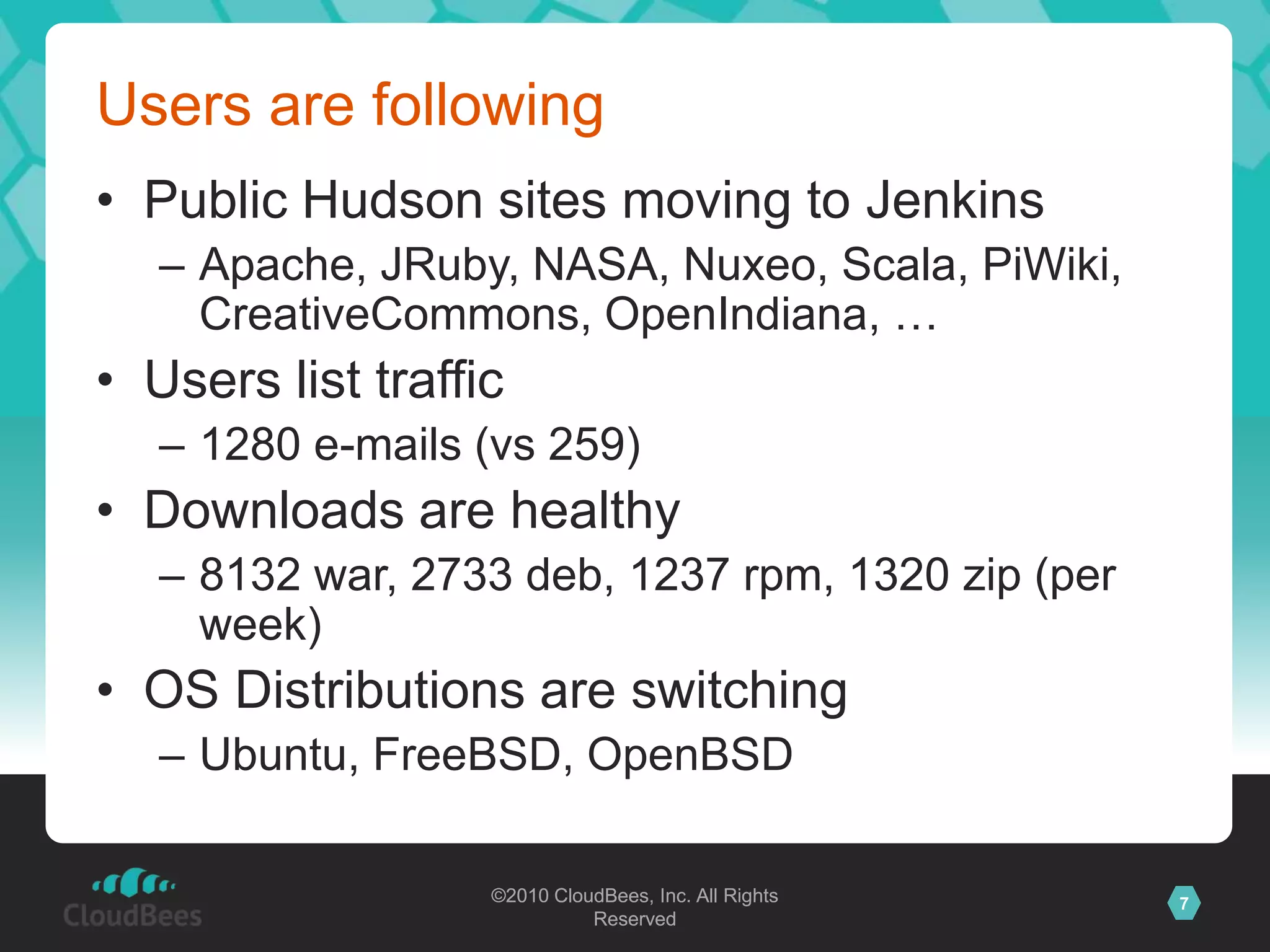 Users are followingPublic Hudson sites moving to JenkinsApache, JRuby, NASA, Nuxeo, Scala, PiWiki, CreativeCommons, OpenIndiana, …Users list traffic1280 e-mails (vs 259)Downloads are healthy8132 war, 2733 deb, 1237 rpm, 1320 zip (per week)OS Distributions are switchingUbuntu, FreeBSD, OpenBSD