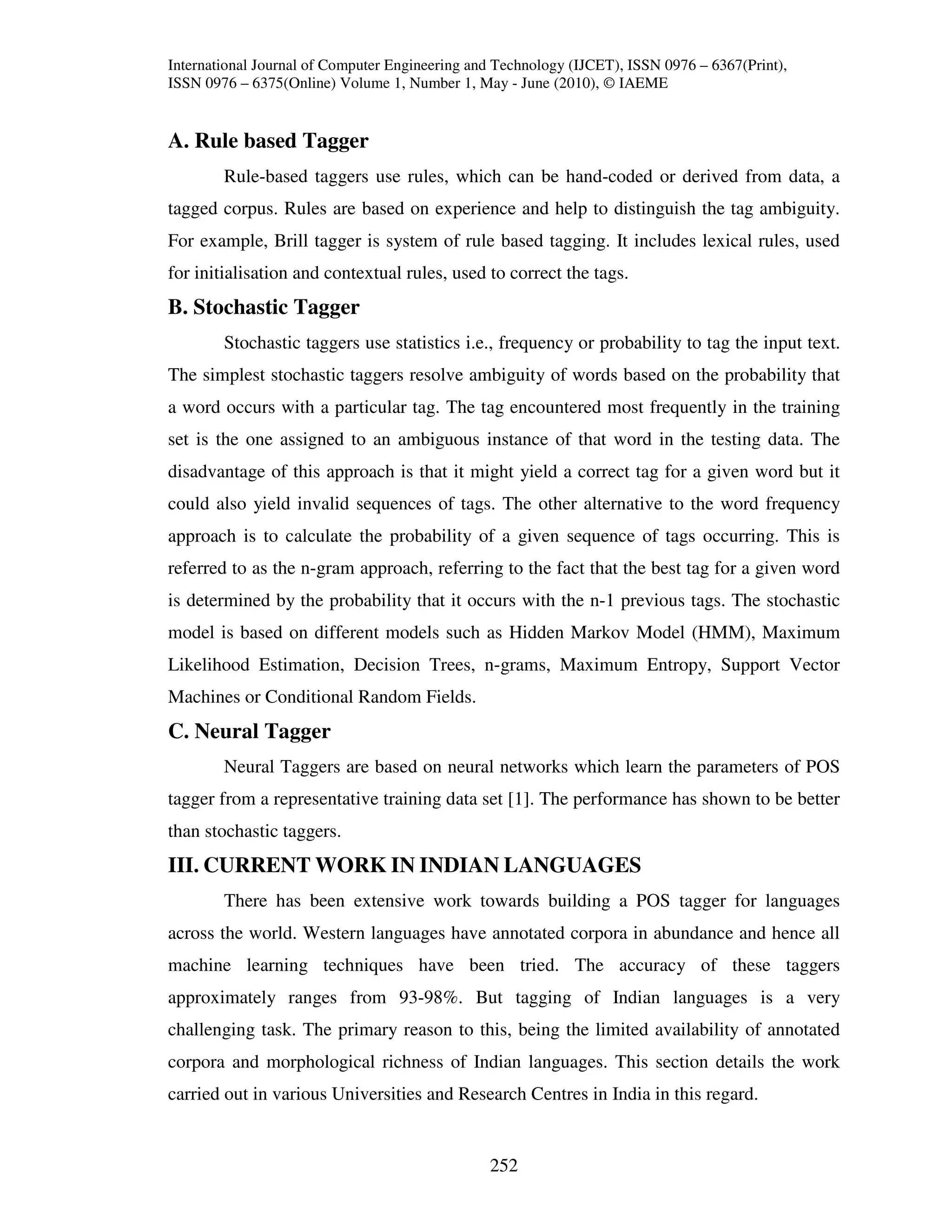 Current state of the art pos tagging for indian languages – a study | PDF