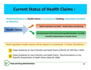 Current Status of Health Claims :
MoPH Notification on Health Claims is on process of drafting using Codex Standard
as ref...
