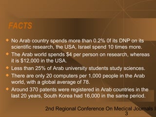 FACTS
   No Arab country spends more than 0.2% 0f its DNP on its
    scientific research, the USA, Israel spend 10 times ...