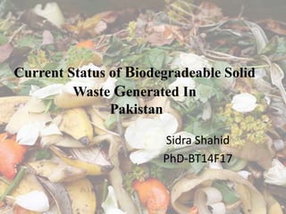 Current Status of Biodegradeable Solid
Waste Generated In
Pakistan
Sidra Shahid
PhD-BT14F17
1
 
