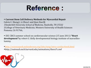  Current Stem Cell Delivery Methods for Myocardial Repair
Calvin C. Sheng1, Li Zhou1 and Jijun Hao2§
1Vanderbilt University School of Medicine, Nashville, TN 37232
2College of Veterinary Medicine, Western University of Health Sciences
Pomona, CA 91766,
 ESC CBCS summer school on cardiovascular science (15 june 2011) “Heart
development”by robert G .Kelly developmental biology institute of marseilles-
luminy.
http://sciencepark.mdanderson.org/labs/tang/intra-cardiac4web.html
http://outreach.mcb.harvard.edu/animations/thera7c.swf
 